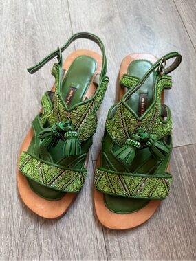 Meher Kakalia Embroidered Green Leather Slingback Sandals with Tassel Detail